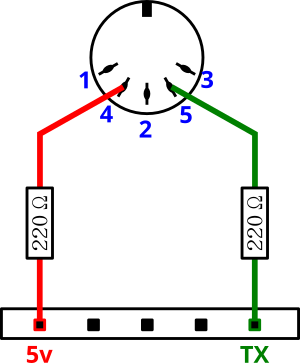 diagrama de dos hilos para conectar el dispositivo MIDI y el microcontrolador