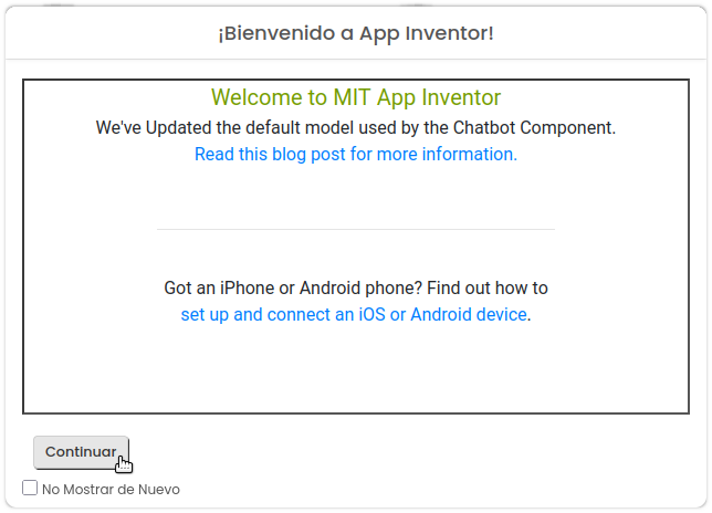 Pantalla de bienvenida de App Inventor