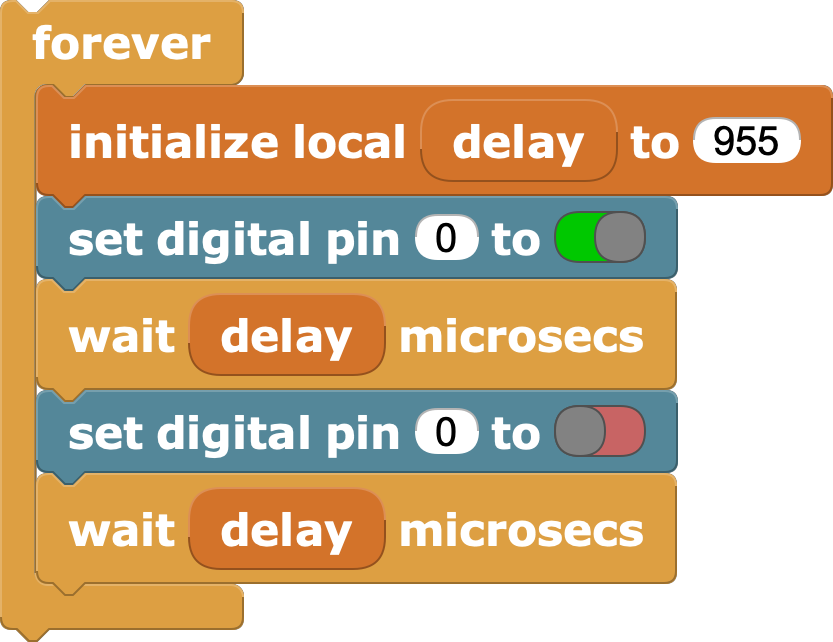 Toggling pin 0 at a configurable interval of 955ms