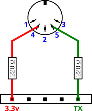 diagrama de dos fils per a connectar el dispositiu MIDI i el microcontrolador